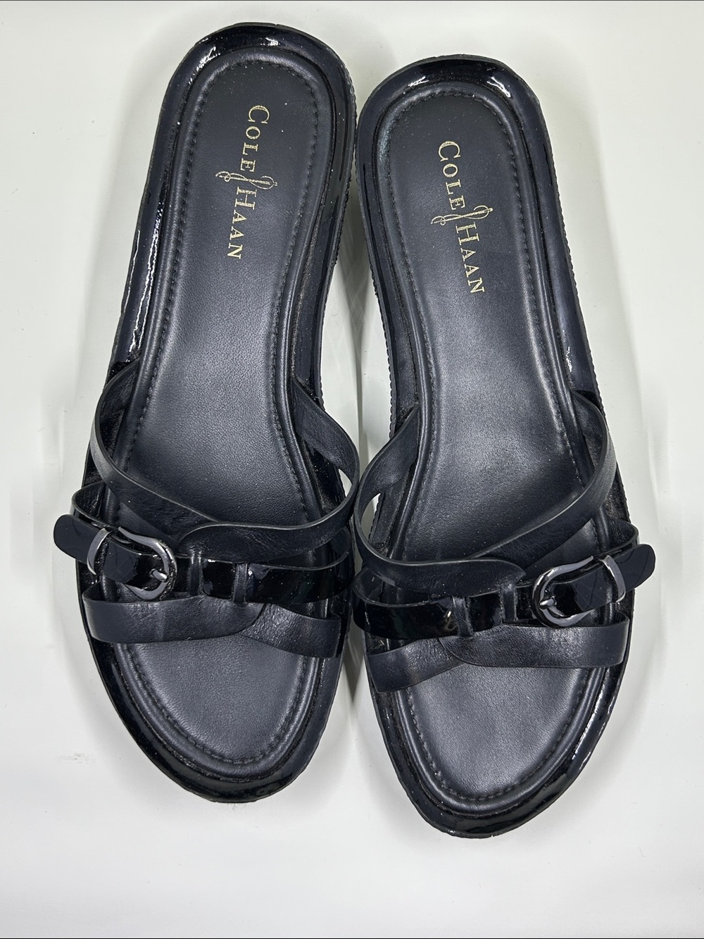 Cole Haan Black Patent & Leather Slide Mules